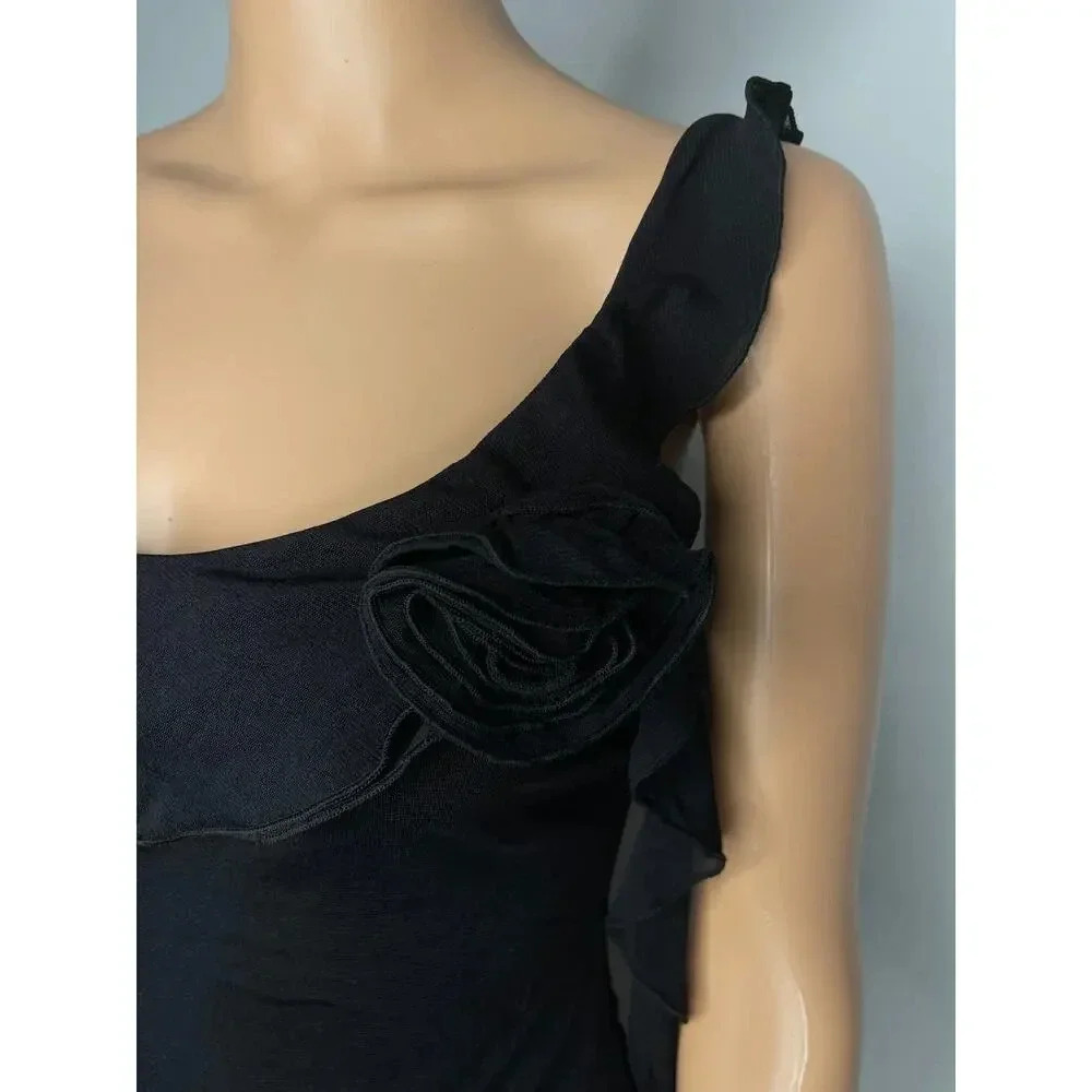 Free People Ruffle Asymmetric Mesh Top size Medium Black New Y2K - Picture 6 of 11